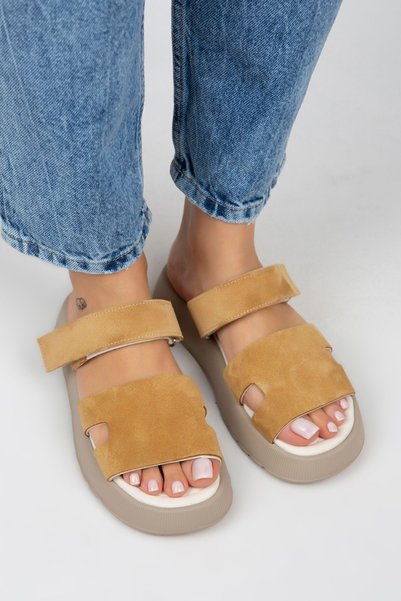 Seina Women's Genuine Leather Velcro Slippers Mustard Slippers