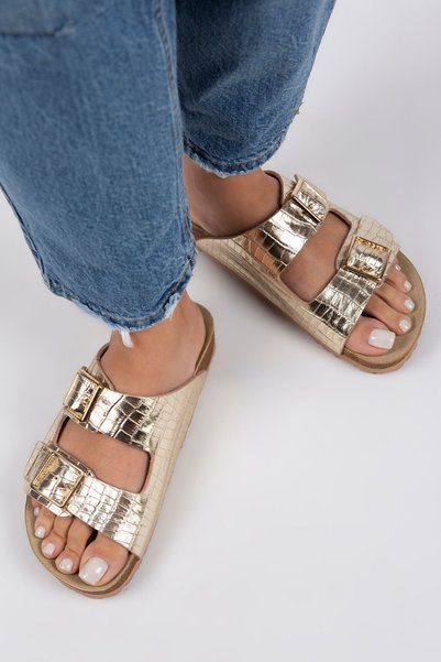 Croco Women's Genuine Leather Double Buckle Crocodile Gold Slippers