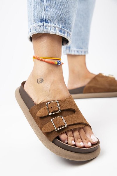 Lirio Women's Genuine Leather Single Strap Double Buckle Tan Slippers