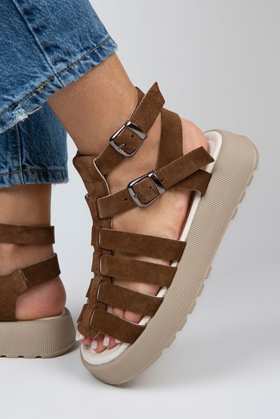 Benia Women's Genuine Leather Caged Sandals Dark Tan Sandals