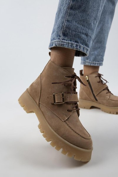 Samantha Women's Genuine Leather Lace Up Zippered Buckle Sand Suede Boots