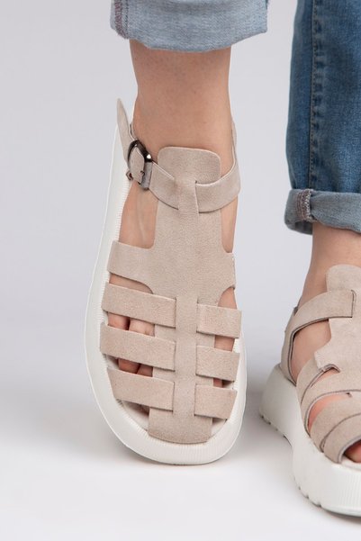 Rosa Women's Genuine Leather Single Buckle Beige - White Sandals