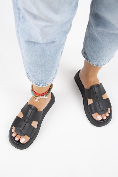 Paris Women's Genuine Leather Double-Strapped Black Slippers