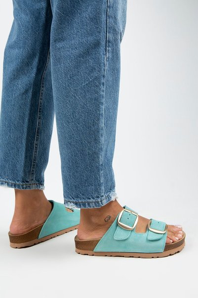 Irene Women's Genuine Leather Double Buckle Mint Green-Gold Slippers