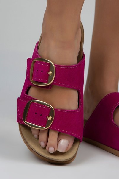 Irene Women's Genuine Leather Double Buckle Fuchsia - Gold Slippers