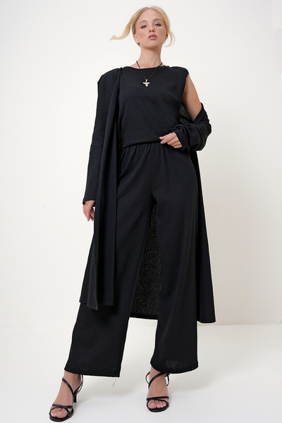 Black-Striped Shoulder Padded Crew Neck Blouse, Pants and Cardigan Set Alc-X4710