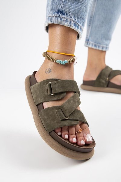 Tulipan Women's Genuine Leather Khaki Slippers with Straps