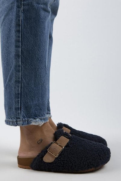 Suzen Teddy Women's Textile Furry Genuine Leather Belted Buckle Navy Blue-Sand Slippers