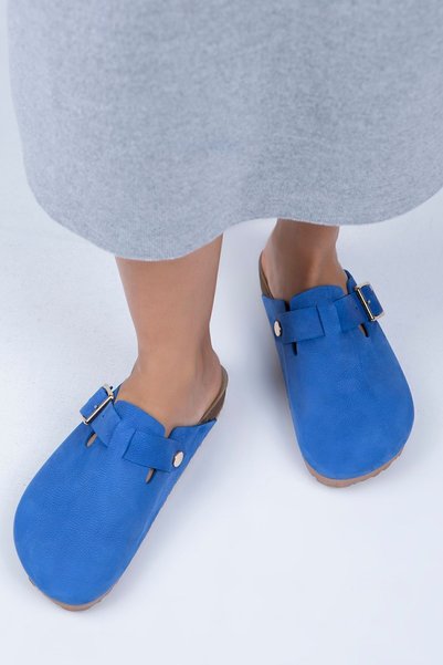 Zeta Women's Genuine Leather Belted Buckle Blue - Gold Slippers