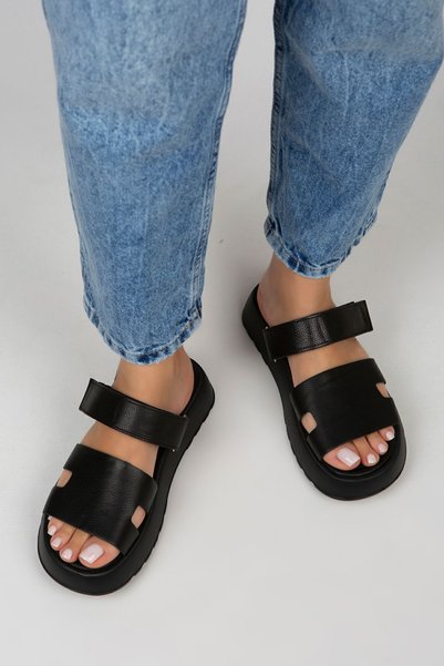 Women's Genuine Leather Velcro Slippers Black Slippers
