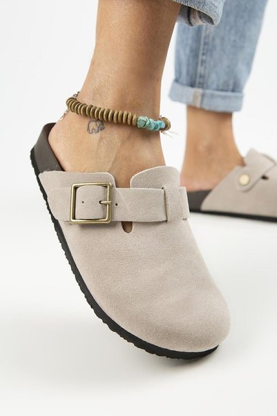 Zeta 2 Women's Leather Genuine Leather Belted Buckle Sabo Beige Slippers