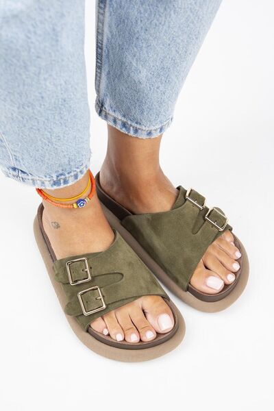 Lirio Women's Genuine Leather Single Strap Double Buckle Khaki Slippers
