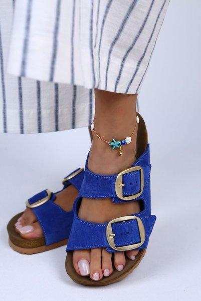 Irene Genuine Leather Double Buckle Blue Slippers