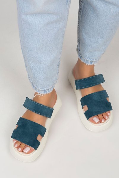 Seina Women's Genuine Leather Velcro Slippers Petrol Slippers