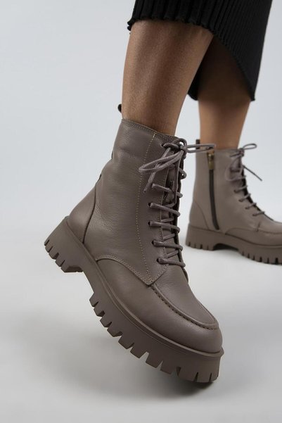 Jemima Women's Genuine Leather Lace-Up Zippered Taupe Boots
