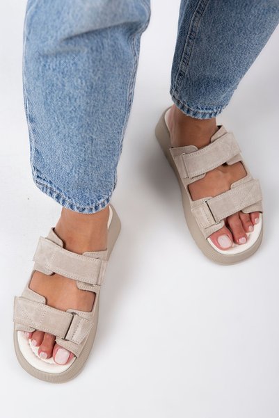 Farah Women's Genuine Leather Double Velcro Beige - Suede Slippers