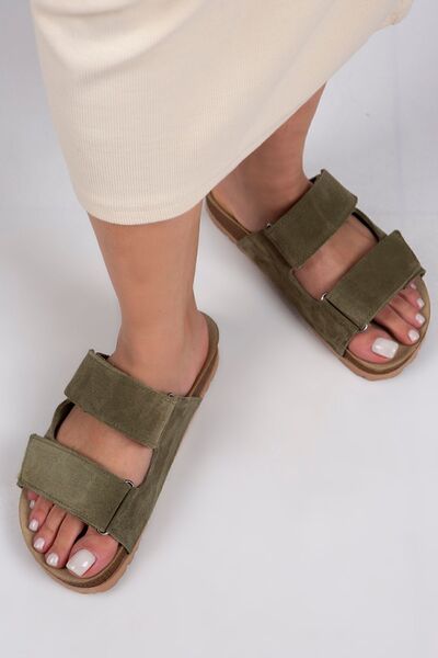 Vina Women's Genuine Leather Velcro Green Slippers