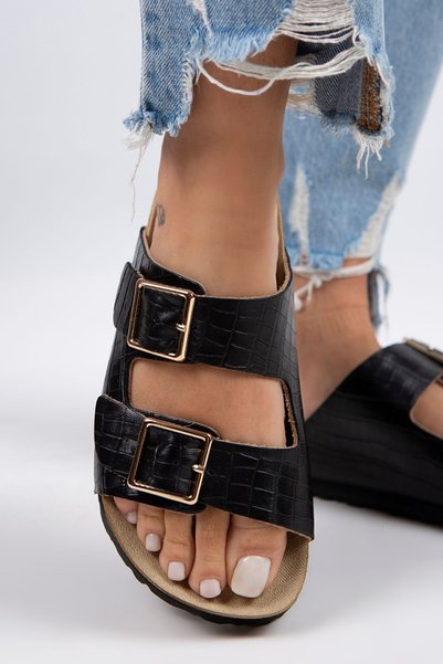 Croco Women's Genuine Leather Double Buckle Crocodile Black Slippers