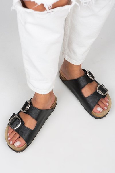 Irene Women's Genuine Leather Double Buckle Black-silver Slippers