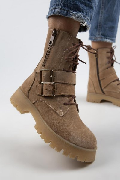Hannah Women's Genuine Leather Lace-up Zippered Buckle Sand Suede Boots