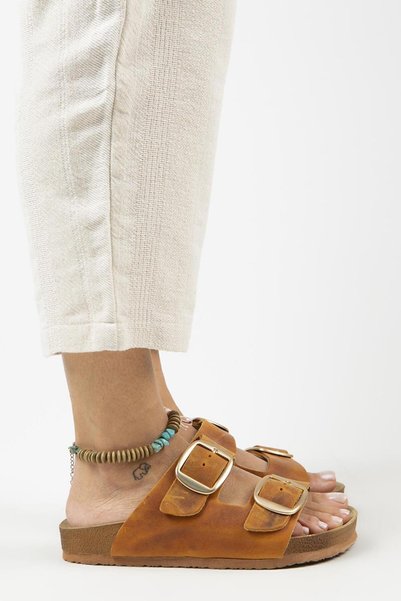 Irene Antique Women's Leather Genuine Leather Double Buckle Tan Gold Slippers
