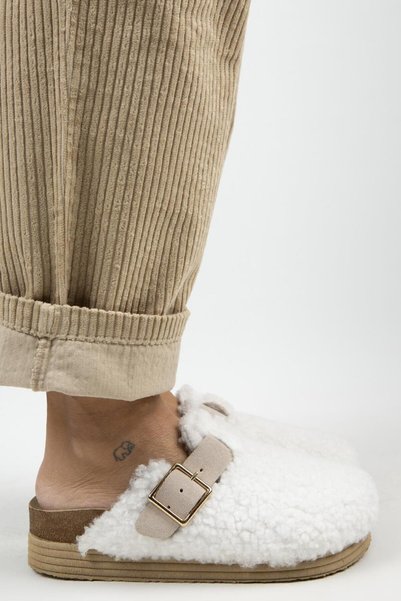 Juno Women's Textile Furry Genuine Leather White-Sand Slippers with Belt and Buckle