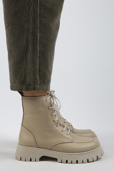Jemima Women's Genuine Leather Lace-Up Zippered Beige Boots
