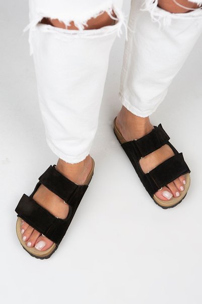 Vina Women's Genuine Leather Double Velcro Black Suede Slippers