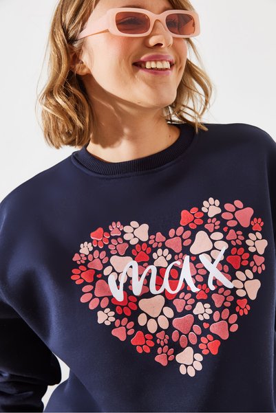 Women's Navy Blue Three Thread Embroidered Round Neck Paw Printed Sweatshirt Mbhs005 60601005