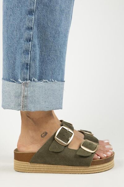 Selina Women's Leather Double Buckle Khaki Slippers