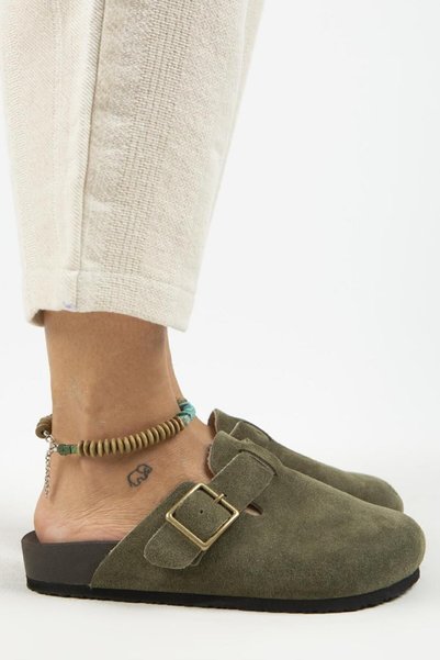 Zeta 2 Women's Genuine Leather Belted Buckle Sabo Khaki Slippers