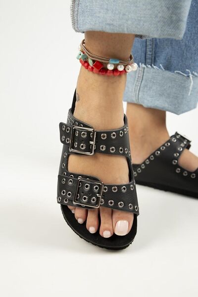 Sasha Women's Leather Genuine Leather Double Buckle Troc Black Slippers