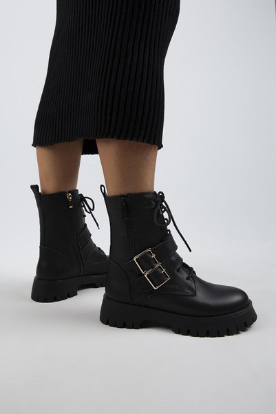 Hannah Women's Genuine Leather Lace-Up Zippered Buckled Black Boots