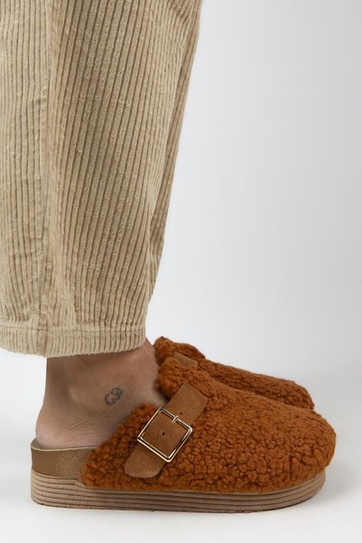 Juno Women's Textile Furry Genuine Leather Belted Buckle Tan Slippers