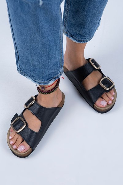 Irene Women's Genuine Leather Double Buckle Black Leather - Gold Slippers