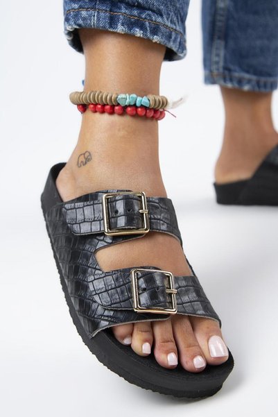 Anjelic Croco Women's Genuine Leather Double Buckle Black Slippers