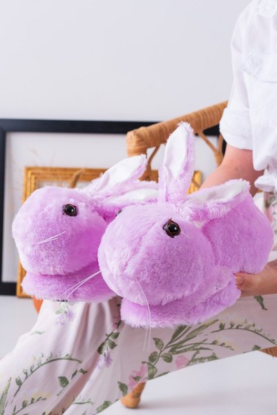 Gray Plush Sleeves with Rabbit Figures Home Slippers Unisex