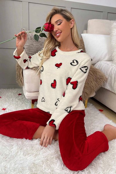 Heart Printed Plush Fleece Bottom Top Long Sleeve Pajamas Set