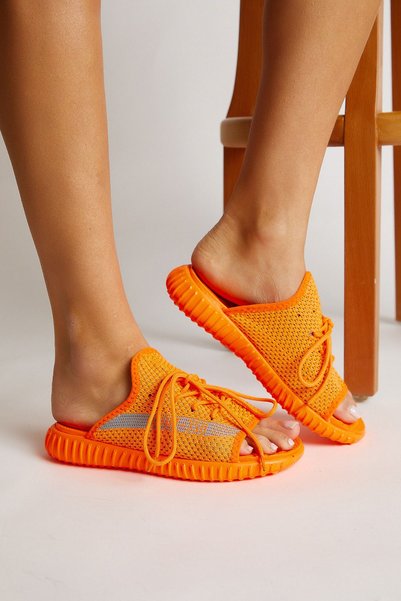 Unisex Orange Knitwear Special Production Slippers Tbtr