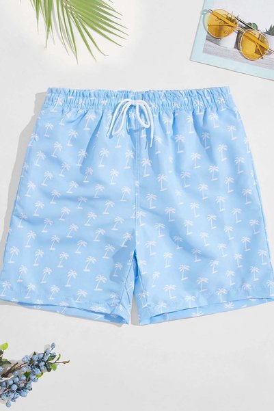 Men's Stylish Palm Printed - Standard Size Swimsuit Sea Shorts with Pockets