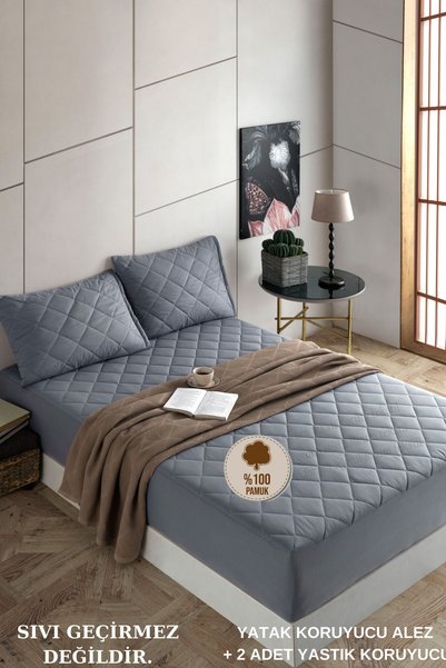 Pamukkale Mattress Cover Set Gray 100% Cotton Quilted Mattress Protector-2 Pillow Protector Mattress Covers (11 Sizes)