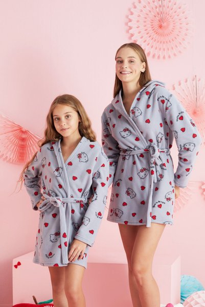 Hello Kitty Licensed Fleece Gray Hooded Dressing Gown Hk402