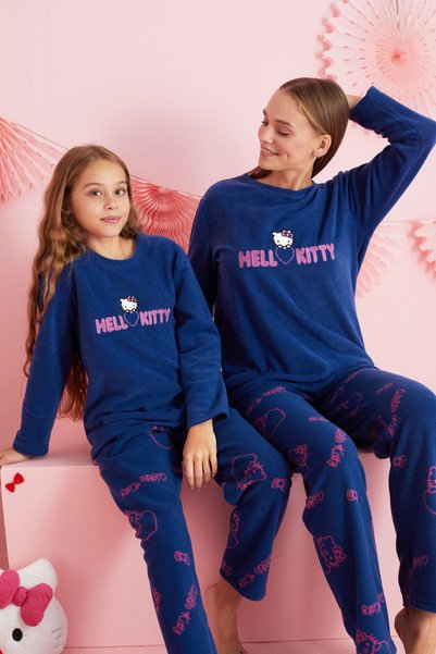 Hello Kitty Licensed Polar Navy Blue Multi-Colored Embroidered Crew Neck Pajama Set Hk313