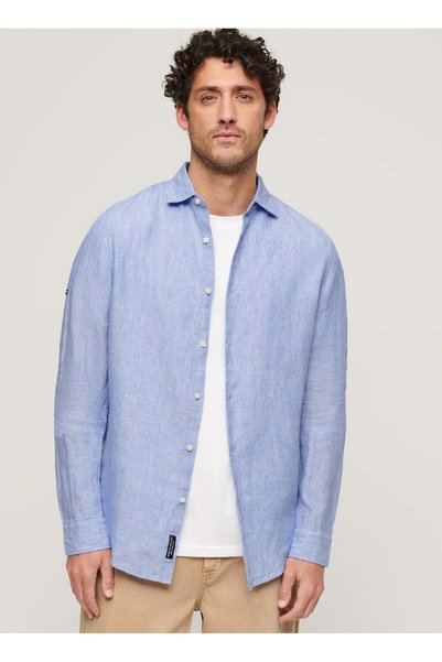 Regular Light Blue Plain Men's Shirt M4010607Afzy_Studios Casual Linen L