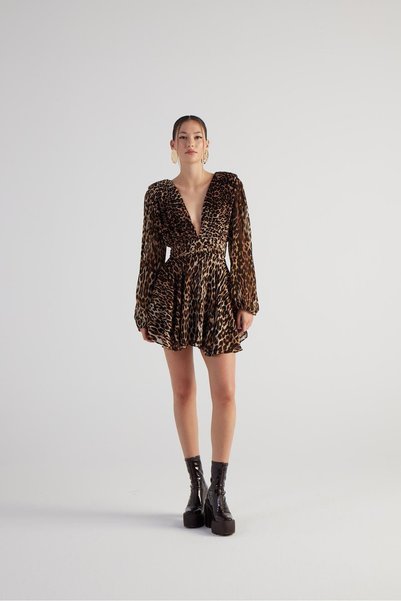 Leopard Patterned V-Neck Mini Janet Dress Brown