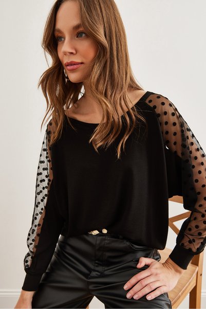 Women's Black Polka Dot Tulle Detailed Bat Draped Viscose Blouse Blz-19002730