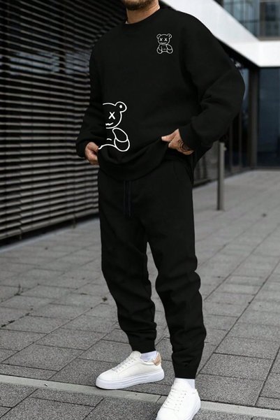 Unisex Draw Bear Printed Crew Neck Sweatshirt - 2-Piece Tracksuit Set