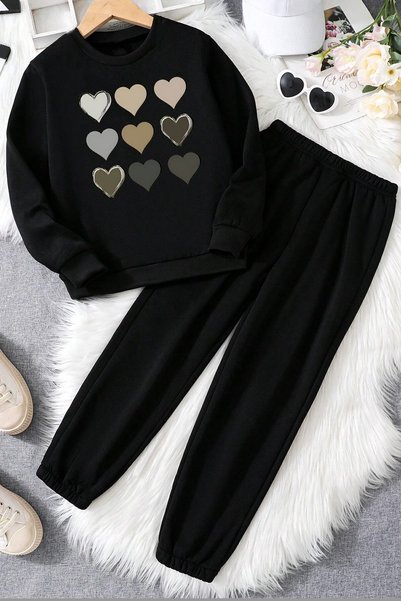 Unisex Kalp Printed Crew Neck Sweatshirt - 2-Piece Tracksuit Set