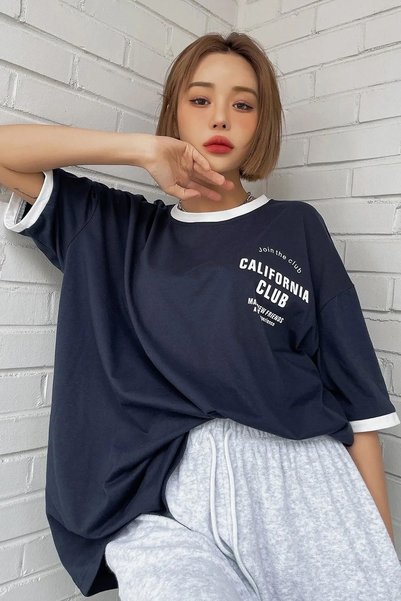 Unisex Navy Blue Collar Sleeve Detailed California Club Printed Oversize T-shirt