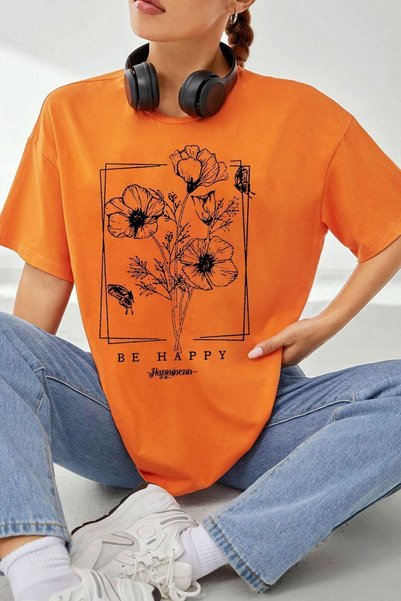 Unisex Be Happy Printed Oversize T-shirt